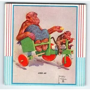 Monkey & Chimp On Tricycle Lemon Aid Fantasy Trade Card Artist Lawson Wood 1940s